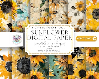 Sunny Blooms: Sunflower Seamless Pattern Digital Paper - 32 Bright & Cheerful 300 DPI JPEGs