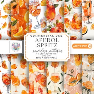 Peut inclure: Un ensemble de 44 motifs numériques sans couture représentant des illustrations à l'aquarelle d'apéritifs Aperol Spritz avec des tranches d'orange et des feuilles. Les motifs mesurent 3600 x 3600 pixels et 300 DPI. Le texte "COMMERCIAL USE APEROL SPRITZ seamless patterns 44 DIGITAL PRINTS 300 DPI 3600 X 3600 PIXELS ADD TO CART" est inclus dans l'image.