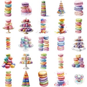 Akvarell Macaron Tower Clipart: Franska bakverksdesigner (PNG)