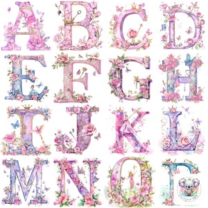26 Pink Princess Alphabet Letters Clipart PNGs - High-Resolution 300 DPI Images for Dreamy Crafting Projects