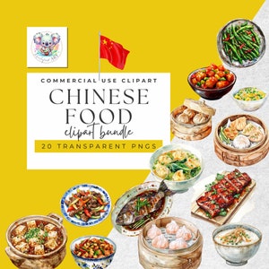 Chinese Cuisine Clipart Set - 20 Watercolor PNGs for Design Projects