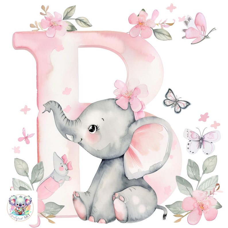 Pink Elephant Script Pink Elephant Alphabet Clipart: Baby Shower PNG Graphics (digital ...