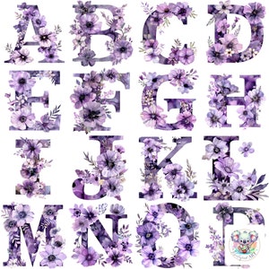 Alfabeto de flores de lavanda Clipart PNG: 26 ilustrações de letras decorativas de alta resolução de 300 DPI para designs criativos, convites e artesanatos