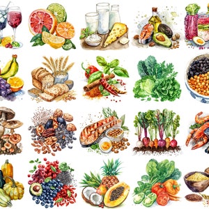Colección de imágenes prediseñadas de grupos alimentarios: 20 PNG de alta resolución de 300 ppp con frutas, verduras, cereales, proteínas y para elaboración y diseño