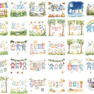 Línea de ropa de bebé en acuarela, clipart PNG, guirnaldas pastel transparentes con globos, flores y temas de temporada para diseños de baby shower