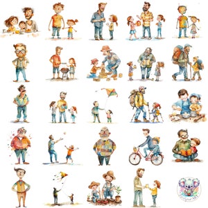Aquarell süße Vatertags-Clipart-Sammlung - 40 herzerwärmende Illustrationen von Vater-Kind-Momenten