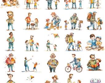 Watercolor Father's Day Clipart: 40 Father-Child Illustrations (Digital Download)