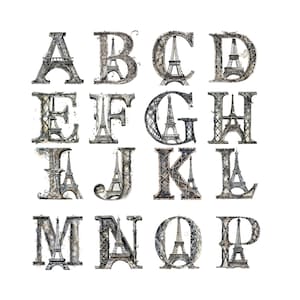 Conjunto único de imágenes prediseñadas de alfabeto de letras de la Torre Eiffel de París en acuarela - 26 PNG transparentes, 300 DPI, ideal para invitaciones de boda
