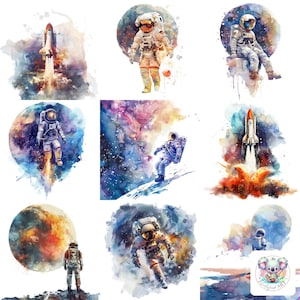 Aquarell Weltraum Exploration Clipart Sammlung - 24 hochauflösende Illustrationen von Astronauten und Space Shuttles