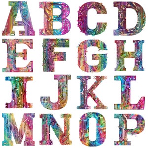 Clipart aquarelle de haute qualité, lettres de l'alphabet PNG : 26 lettres détaillées de 300 ppp pour des projets créatifs sur le thème de la technologie