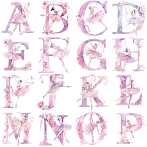 Watercolor Ballerina Clipart PNG: 26 High-Resolution 300 DPI Alphabet Letters, Perfect for Elegant Invitations and Dance-Themed Designs