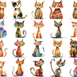 Clipart PNG de gatos peculiares em aquarela: 20 ilustrações de gatos caprichosos de alta resolução e 300 DPI para projetos criativos e artísticos