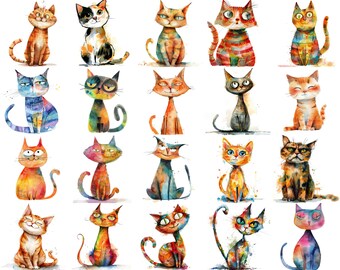 Akvarell Quirky Cat Clipart: 20 nyckfulla PNG-illustrationer (300 DPI)