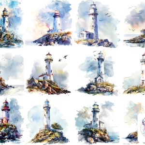 Clipart phare aquarelle PNG : 24 images nautiques autonomes de 300 ppp pour des invitations, de l'artisanat et de la décoration