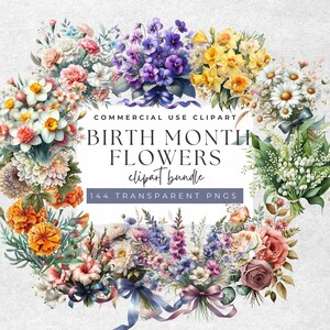 Flores de cumpleaños - 144 imágenes prediseñadas de flores del mes de nacimiento en acuarela - PNG de alta resolución de 300 DPI para elaboración y diseño