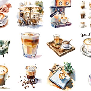 Clipart di caffè ad acquerello - Macchiato, PNG digitale per l'artigianato - Set di clipart ad acquerello di Coffee Culture - 48 immagini ad alta risoluzione