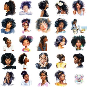 Watercolor Black Girl Clipart PNG: Elegant African American Portraits (Digital Download