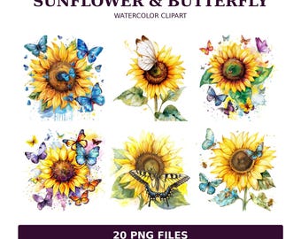 May include: A collection of six watercolor illustrations featuring sunflowers and butterflies. The text reads KoalafiedArt, SUNFLOWER & BUTTERFLY, WATERCOLOR CLIPART, 20 PNG FILES, and DIGITAL DOWNLOAD. The artwork displays yellow sunflowers with blue, orange, purple, and white butterflies.
