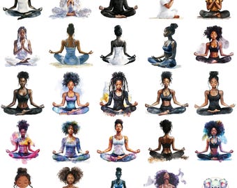 Watercolor Black Girl Yoga Clipart: Meditation & Wellness PNG Illustrations