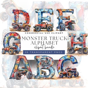 Monsterräder ABC - Aquarell Monstertruck Alphabet Clipart - 26 hochauflösende PNGs, 300 DPI