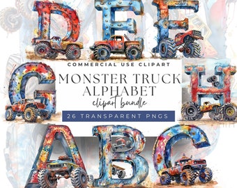 Monster Wheels ABC - Watercolor Monster Truck Alphabet Clipart - 26 High-Res PNGs, 300 DPI