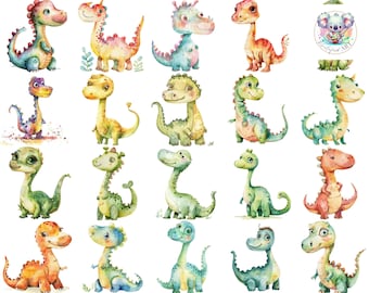 Clipart de Dinosaurio en Acuarela: 21 ilustraciones PNG de alta resolución (300 DPI)