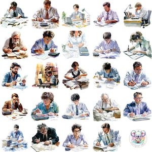 Contador en acuarela (imagen PNG), oficinistas transparentes con documentos y calculadoras para diseños empresariales y financieros.