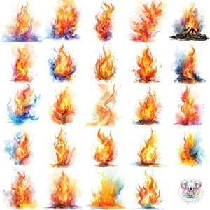 Collezione di clipart Acquerello Fiamma Fuoco: 24 immagini ad alta risoluzione per progetti e design creativi