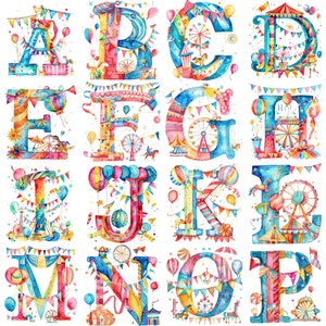Clipart alphabet lettre aquarelle cirque carnaval PNG 26 alphabets festifs haute résolution 300 ppp pour projets, invitations et décoration d'enfants