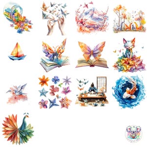 Aquarell Origami Clipart Set: 43 atemberaubende Papiermodelle für den Origami Tag, DIY-Projekte, Klassenzimmer-Dekoration & kreative Kunstprojekte