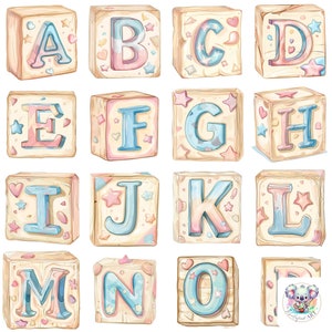 Baby Blocks Alphabet Clipart-Set - 26 A-Z Buchstaben mit Sternen und Herzen - hochauflösende PNGs für Babypartyeinladungen und Kinderzimmerdekor