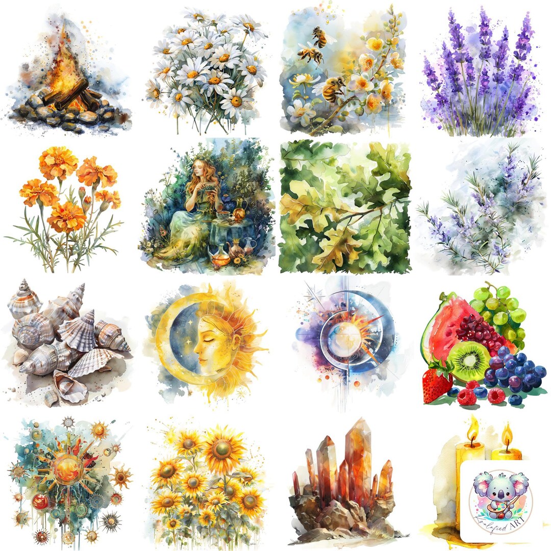 Litha Clipart: Midsummer Sunflowers, Bonfire, Seashells (PNG, 300 DPI ...