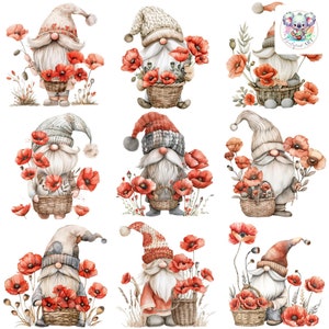 Aquarell Mohnblume Gnome Clipart PNGs - 20 hochauflösende 300 DPI süße Gnomillustrationen mit Mohnblumen für digitale Kunst und zum Basteln