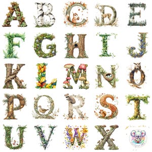 Clipart de alfabeto de floresta em aquarela PNG, 104 letras de floresta transparentes com animais, árvores e elementos da natureza para arte e artesanato rústicos
