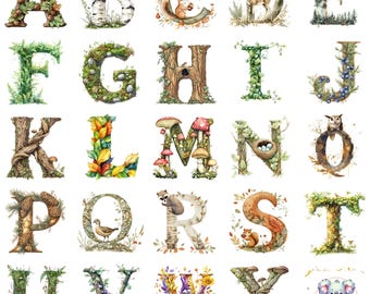 Watercolor Forest Alphabet Clipart: Woodland Animal Letters (PNG)