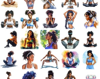 Watercolor Black Girl Fitness Clipart: Active Women PNG Graphics (Digital Download