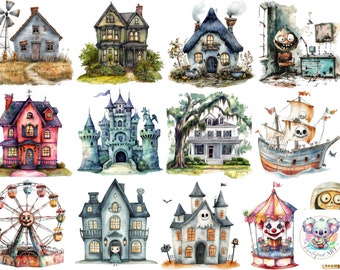 Spooky Haunted House Clipart PNG: Halloween Gothic Illustrations (48 Piece)
