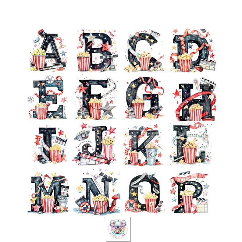 May include: Watercolor alphabet letters A through R with a movie theme. Each letter is black with red and white popcorn buckets, film reels, stars, and red ribbon.