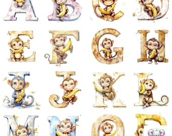 Clipart z alfabetem małpy w akwareli: zabawne dziecięce obrazy PNG (pobieranie cyfrowe)