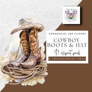 Landhausstil Cowboy Boots Hüte und Seil - 4 PNG Set, Transparent - Instant Download