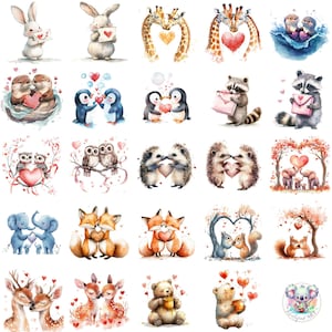 Bundle de cliparts animaux Saint-Valentin - 48 illustrations aquarelle PNG - Couples mignons, coeurs d'amour, lapins, renards, hiboux - téléchargement numérique