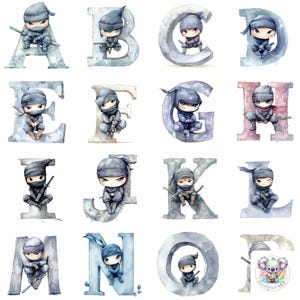 Alfabeto ninja chibi, clipart, 26 letras de la A a la Z, lindas letras digitales con temática ninja, PNG de guerreros sigilosos kawaii, proyectos para niños y artes marciales