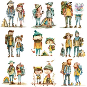 Watercolor Cute Camping Couple Clipart PNGs: 24 High-Resolution 300 DPI Camping Illustrations for Crafting, Invitations, and Decor