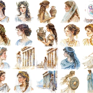 Acuarela Antiguas Mujeres Griegas Cliparts PNGs Set - 40 Hermosas Ilustraciones de 300 DPI para Invitaciones, Manualidades y Más
