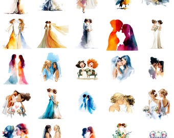 May include: Watercolor illustrations of same-sex couples in wedding attire. The images depict brides in various poses, including holding hands, kissing, and embracing. The color palette includes soft pastels and vibrant hues, creating a romantic and artistic feel.