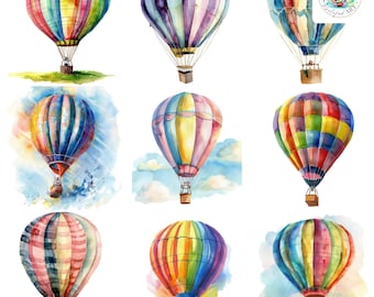 Watercolor Hot Air Balloon Clipart: Whimsical PNG Illustrations (300 DPI) (Digital Download)