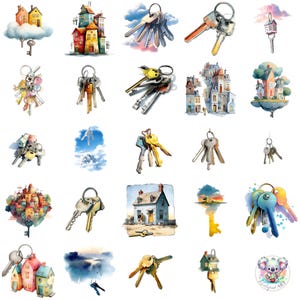 Novas Chaves de Casa Clipart PNG, 47 Chaves de Casa em Aquarela e Arte para Casa, Clip Art Transparente para o Dia da Mudança para Corretores de Imóveis, Convites e Design