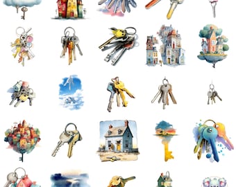 Watercolor House Keys Clipart, New Home Art (PNG)