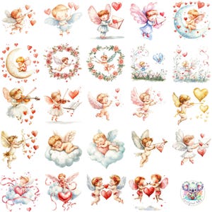 47 Cupid Valentine Watercolor Clipart | Romantic Angel-Themed PNGs | High-Resolution Digital Art for Crafts & Designs
