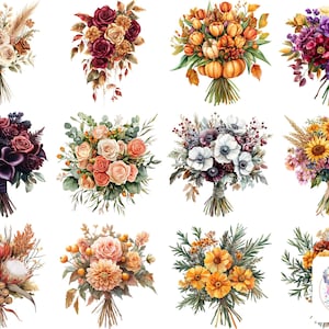 Clipart bouquet de mariée automne PNG : 48 illustrations de fleurs de mariage d'automne pour faire-part, décoration et projets de bricolage